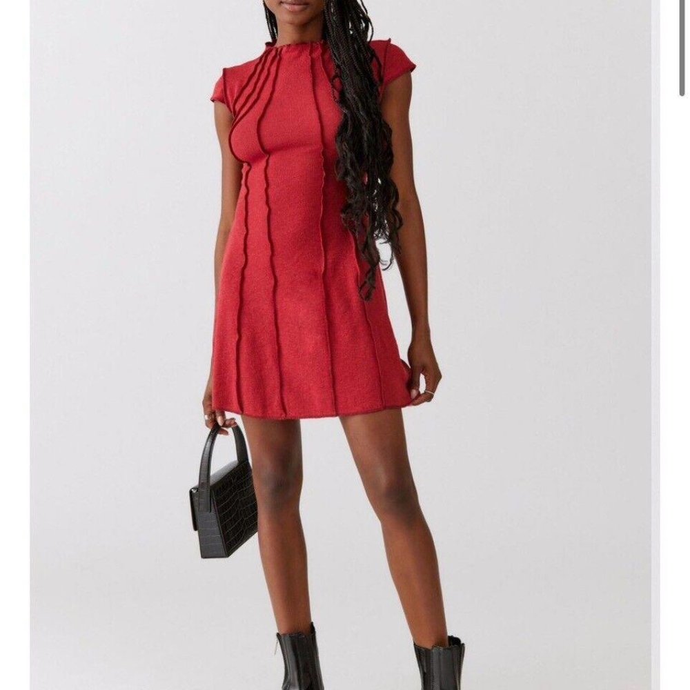 Urban Outfitters UO Rishe Red Exposed Seamed Mini Short Sleeve Dress Sz S Small - Picture 3 of 14